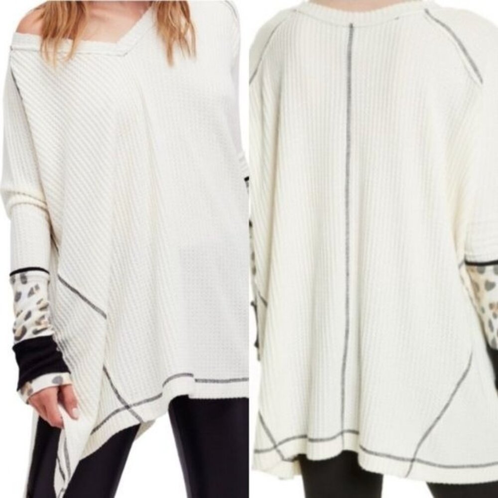 We The Free Cream Off-the-Shoulder Waffle Knit Sweater with Leopard Cuffs